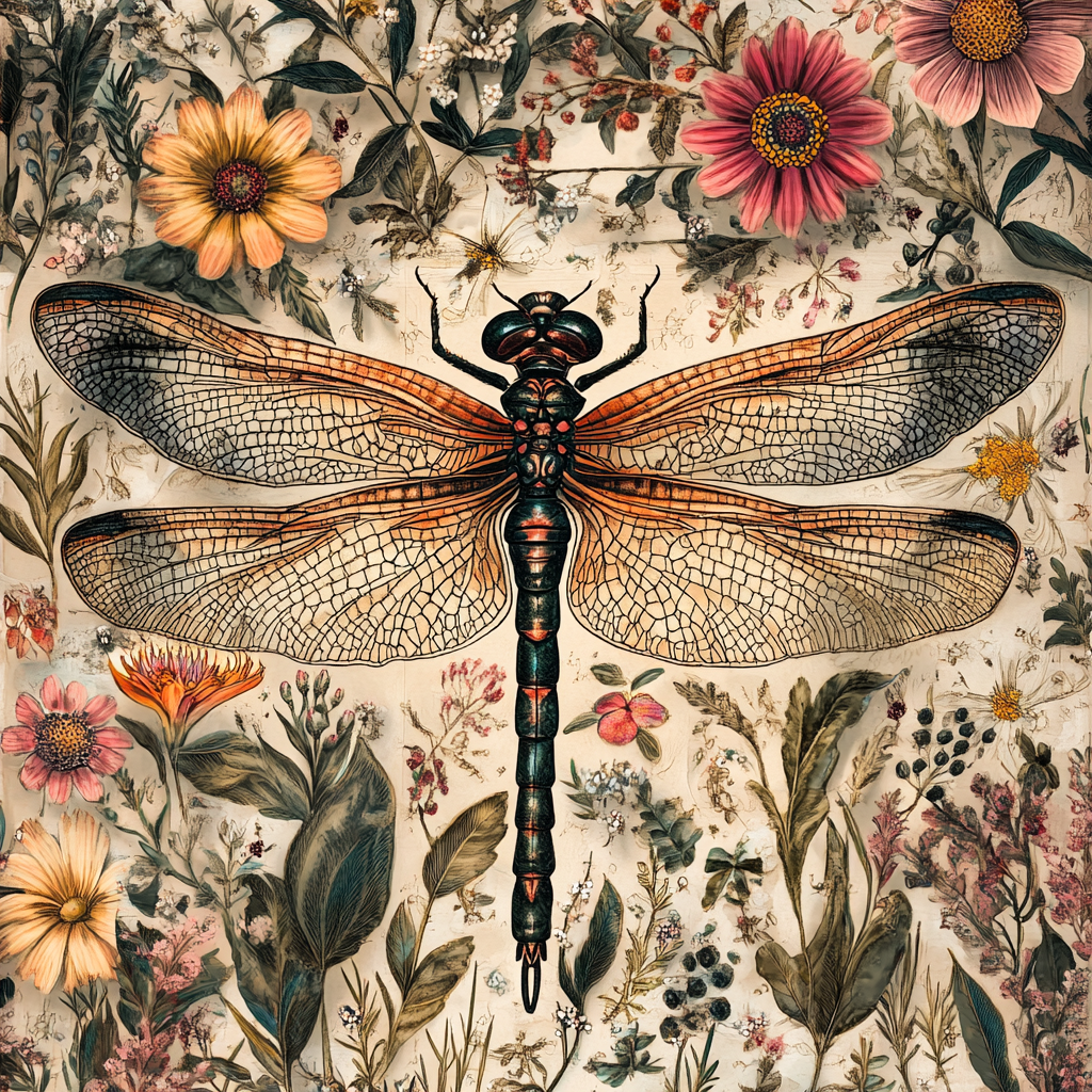 Garden Flowers and Dragonfly Print