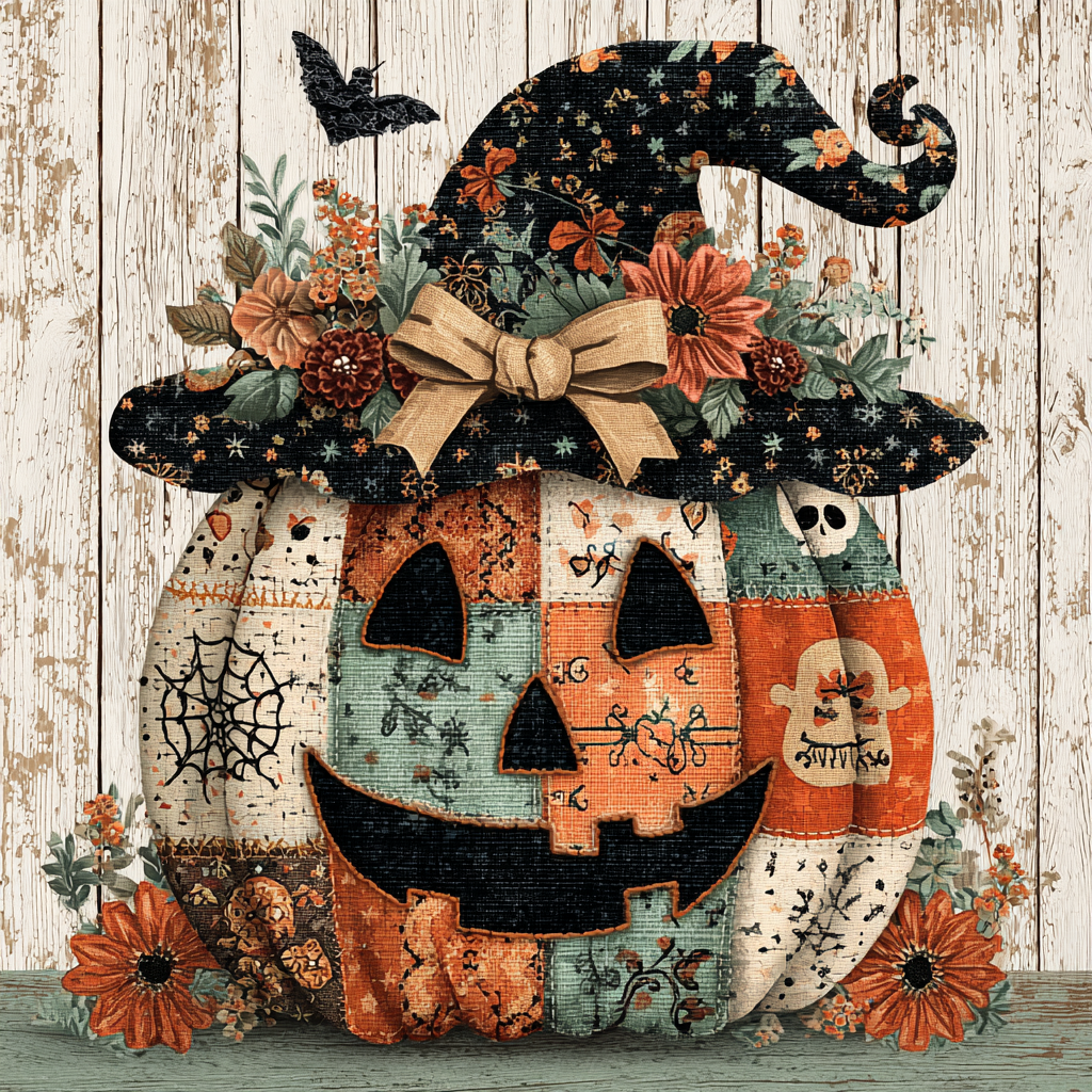 Fall/Halloween patchwork pumpkin and Witches hat