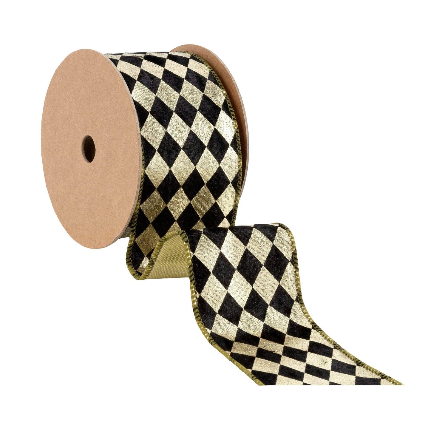 Black and Gold Harlequin Wired Ribbon 10 Yard Spool
