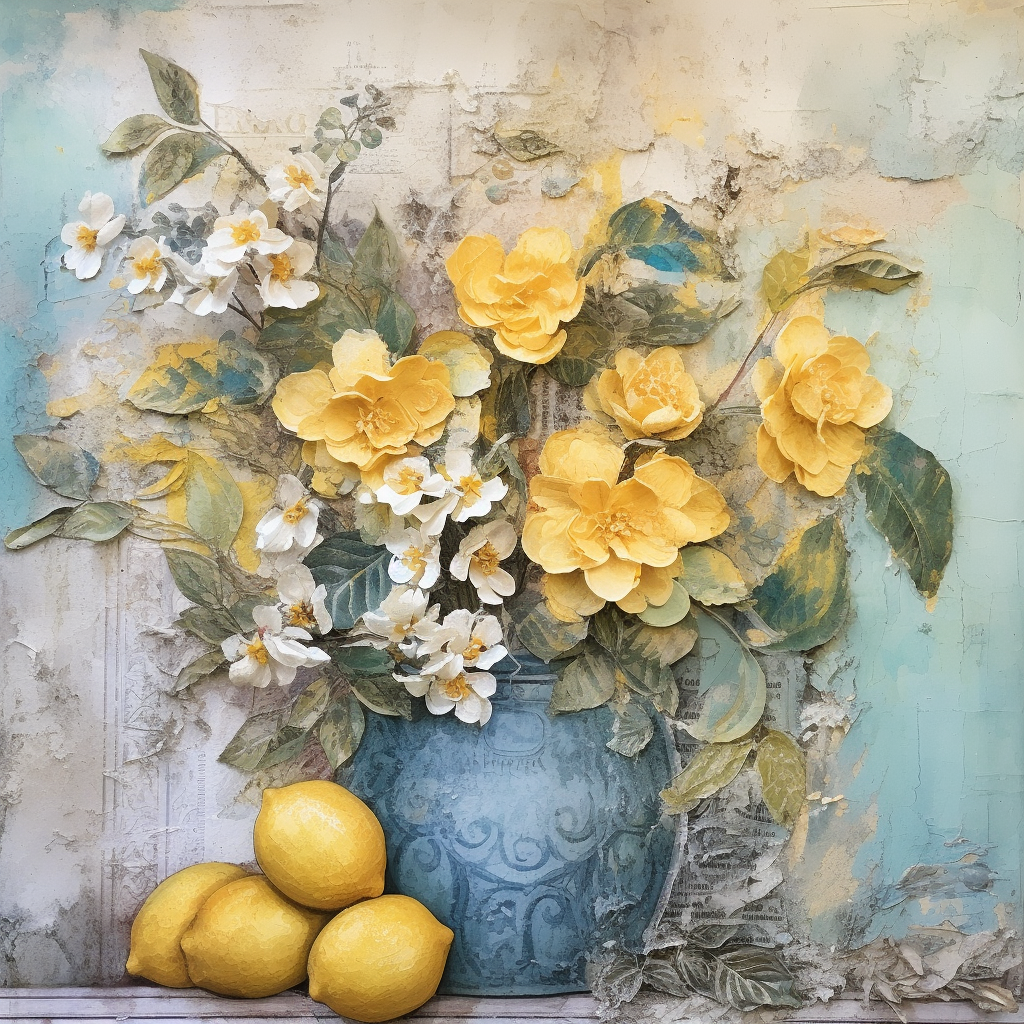 Textured Canvas look Blue Vase with Lemons and Florals