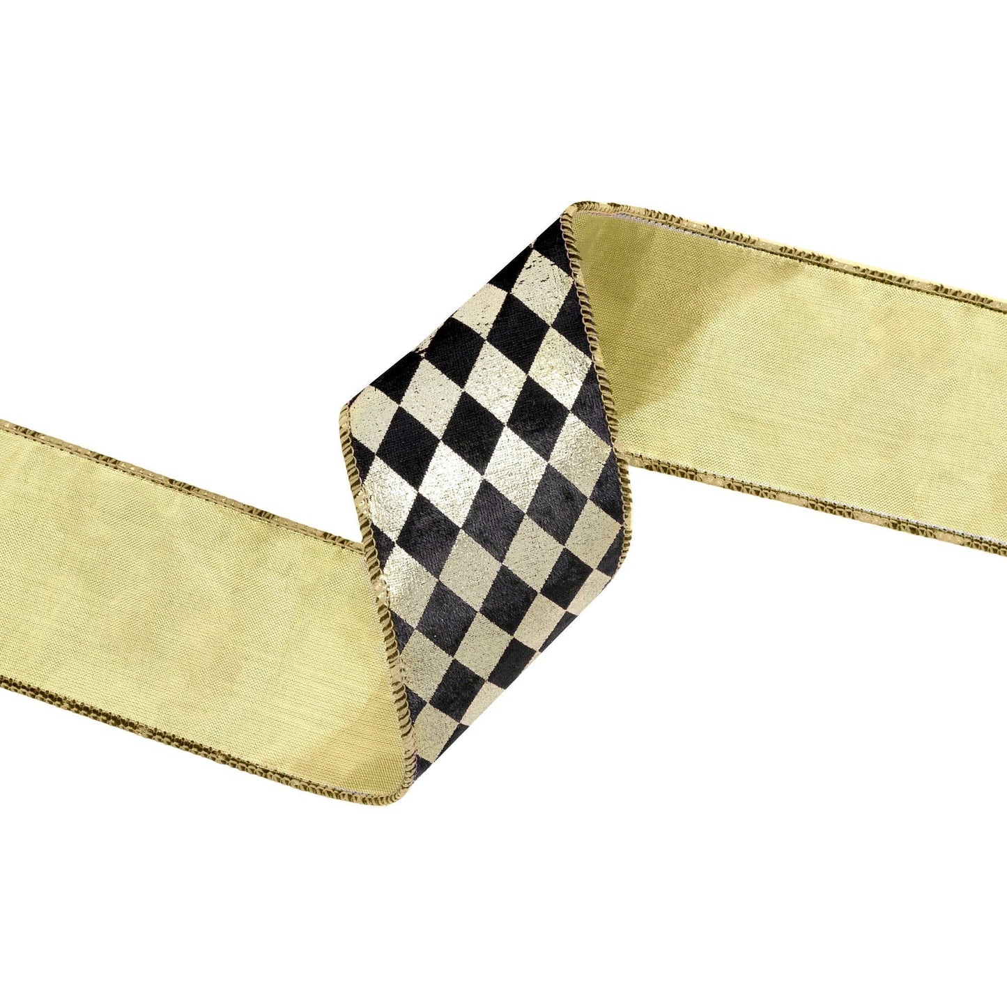 Black and Gold Harlequin Wired Ribbon 10 Yard Spool