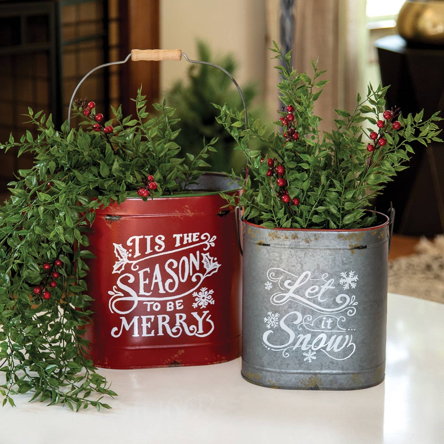 2/Set, Tis the Season & Let It Snow Oval Metal Buckets