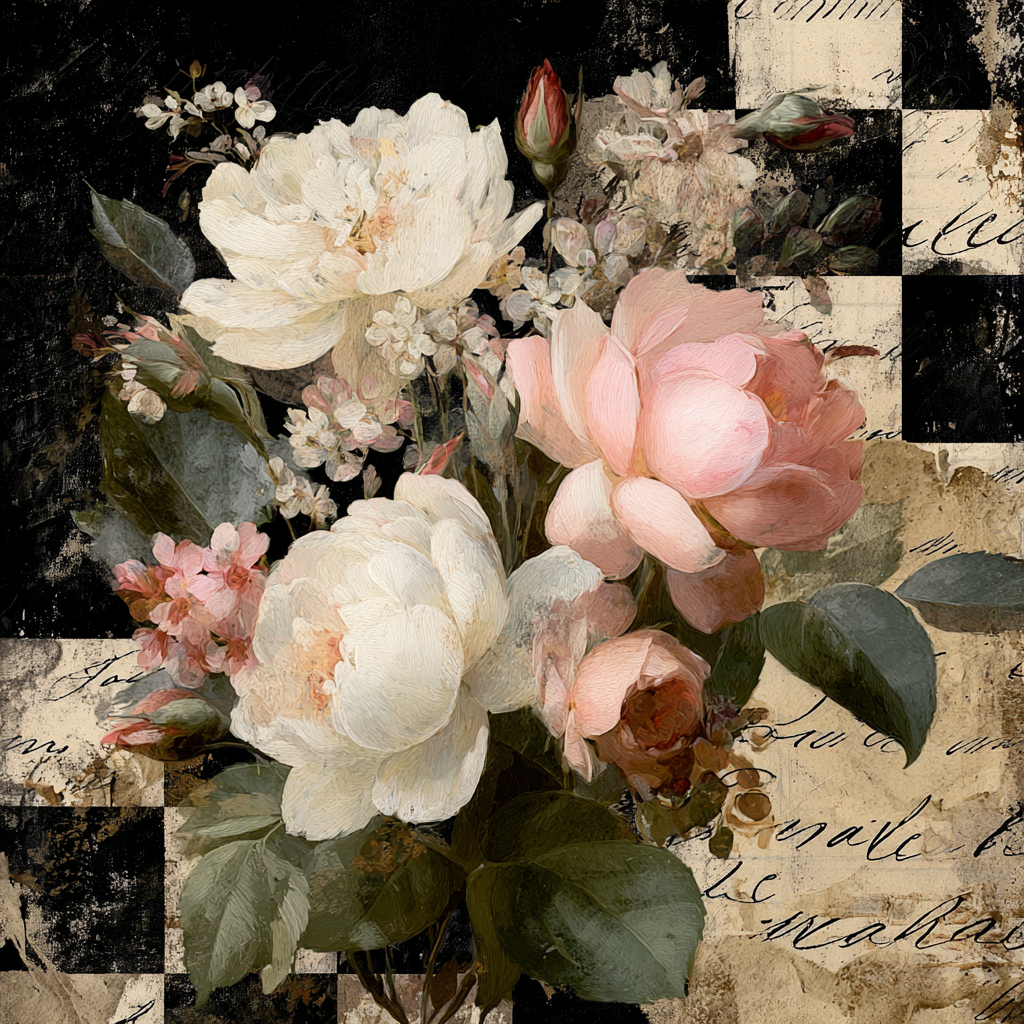 French Country Florals Mixed Media Print with Script