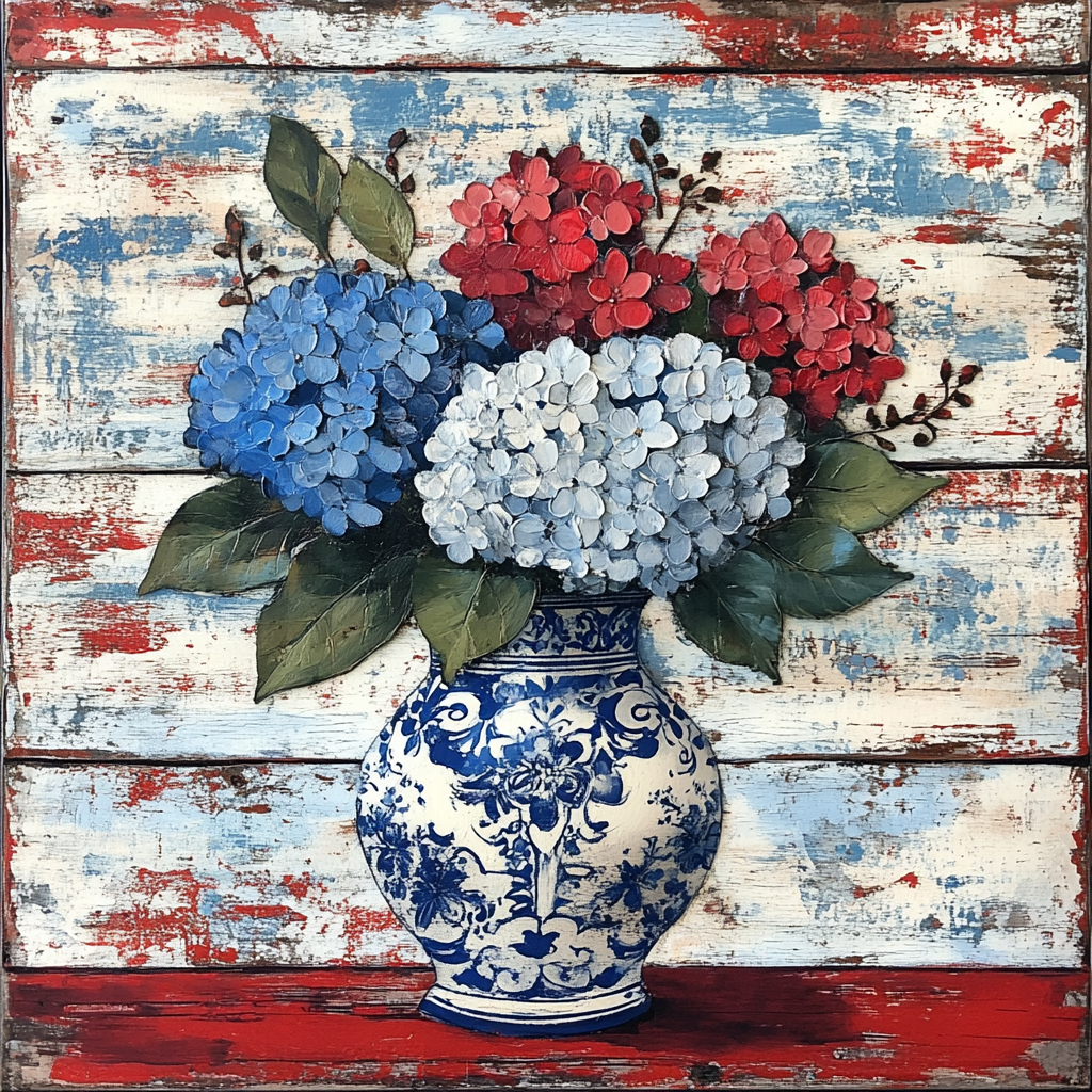 Patriotic Hydrangeas in a Chinoiserie Vase