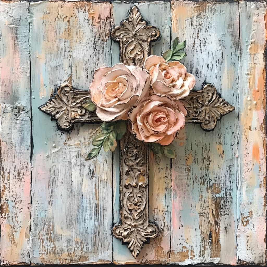 Ornate Cross with Florals and Shiplap