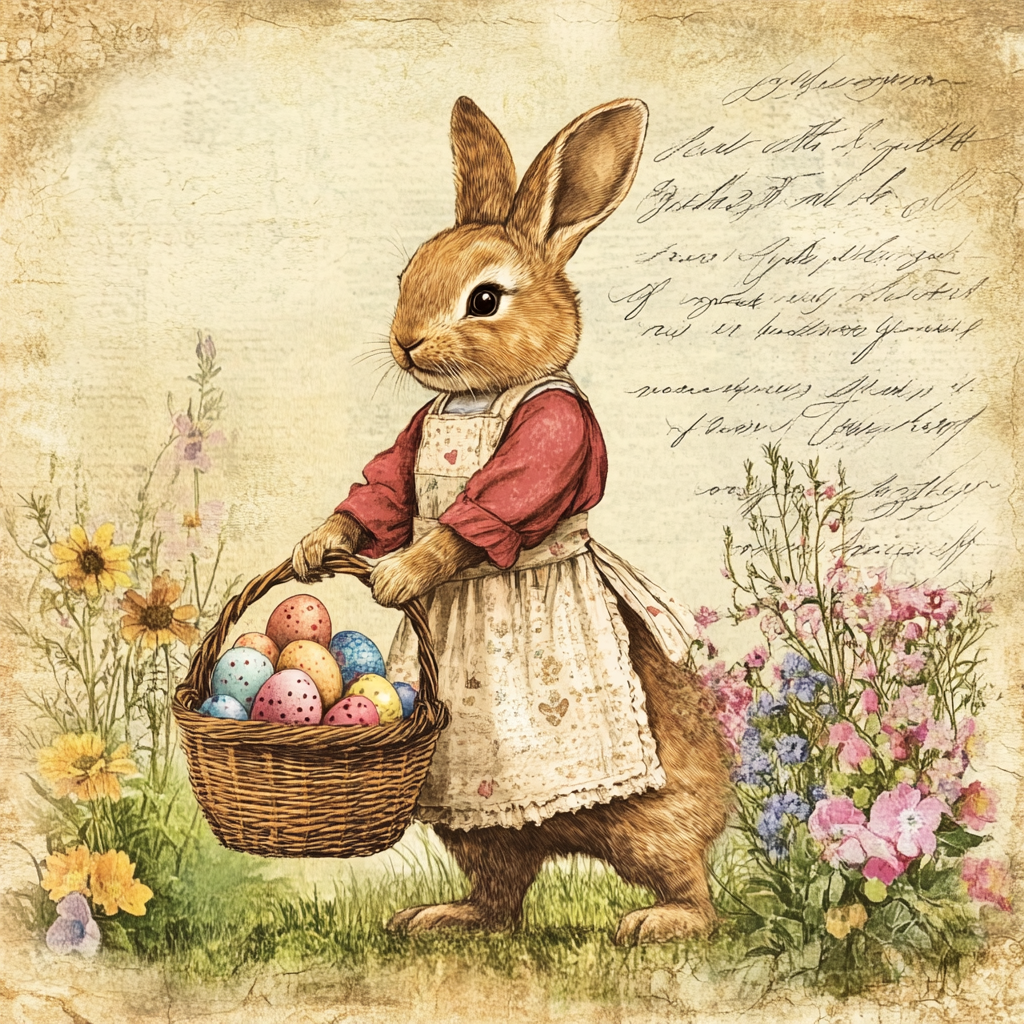Springtime Bunny with Basket of Easter Eggs