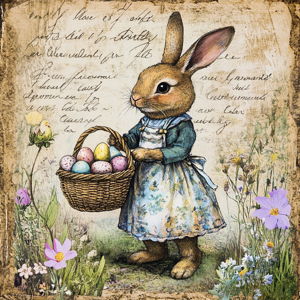 Blue Springtime Bunny with Basket of Easter Eggs