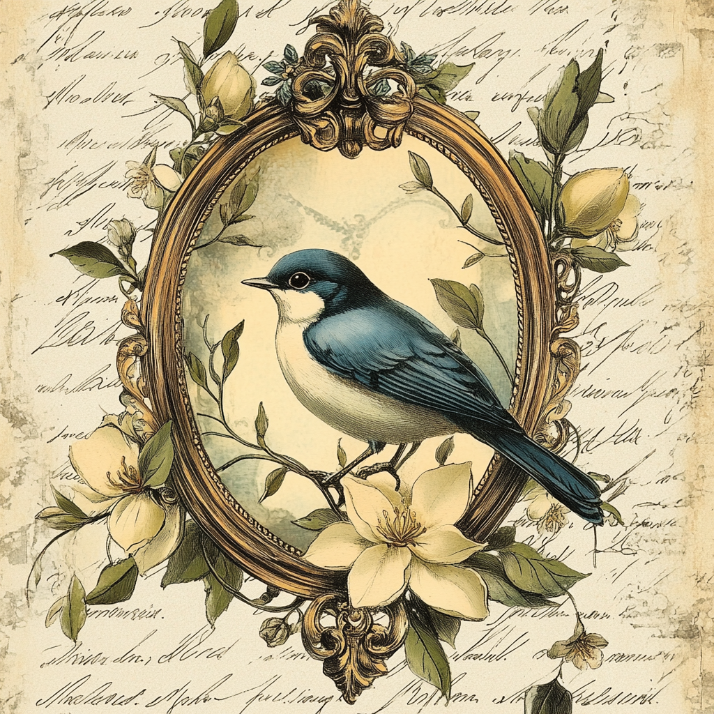 Vintage Victorian Blue and Cream Bird Print
