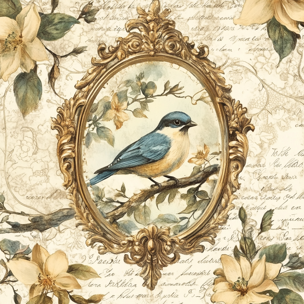 Vintage Victorian Blue Bird Print with Magnolias