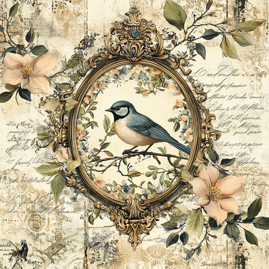 Vintage Victorian Blue Bird Print with Peach Magnolias