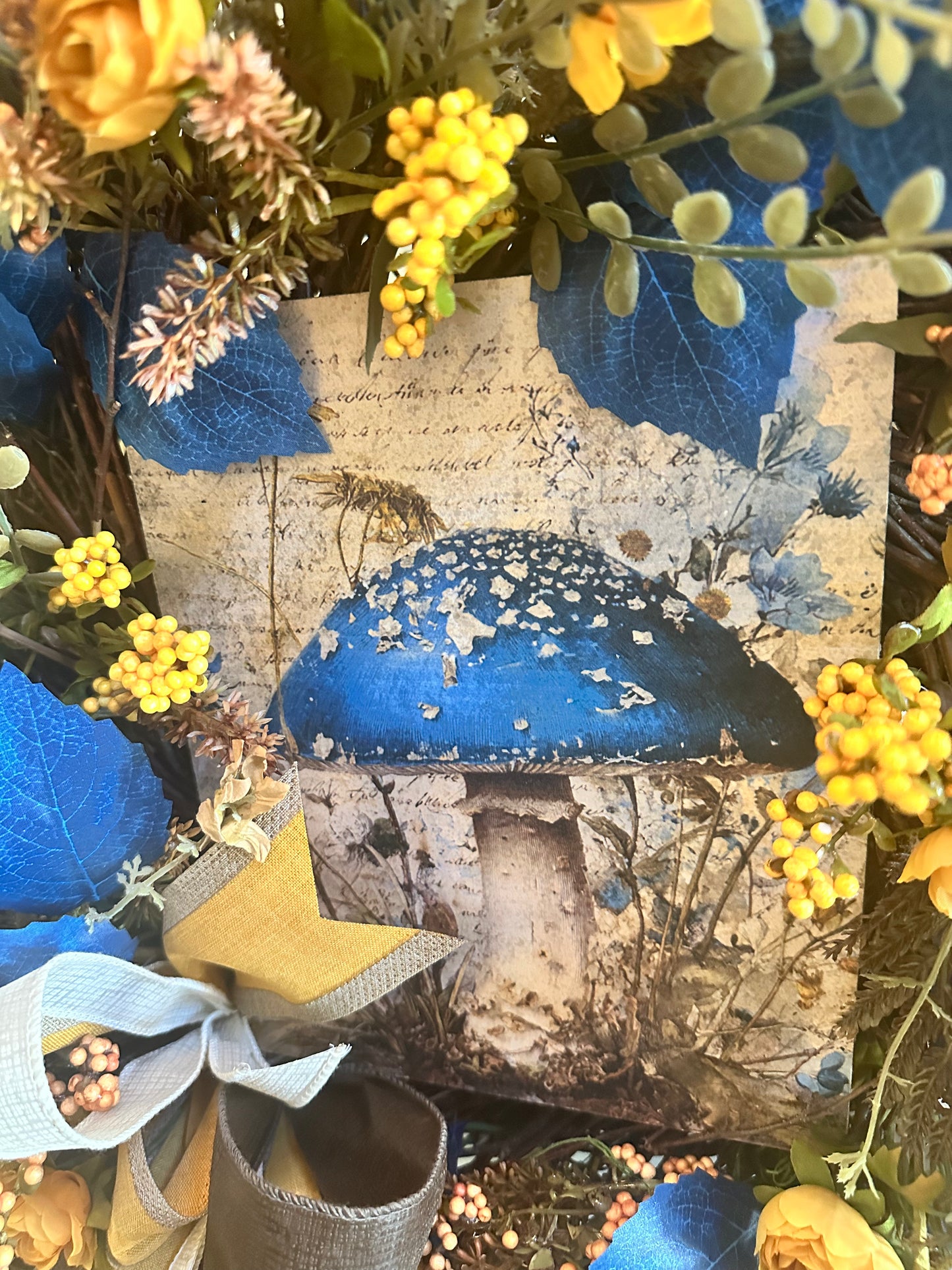 Blue, yellow and beige Mushroom Wreath