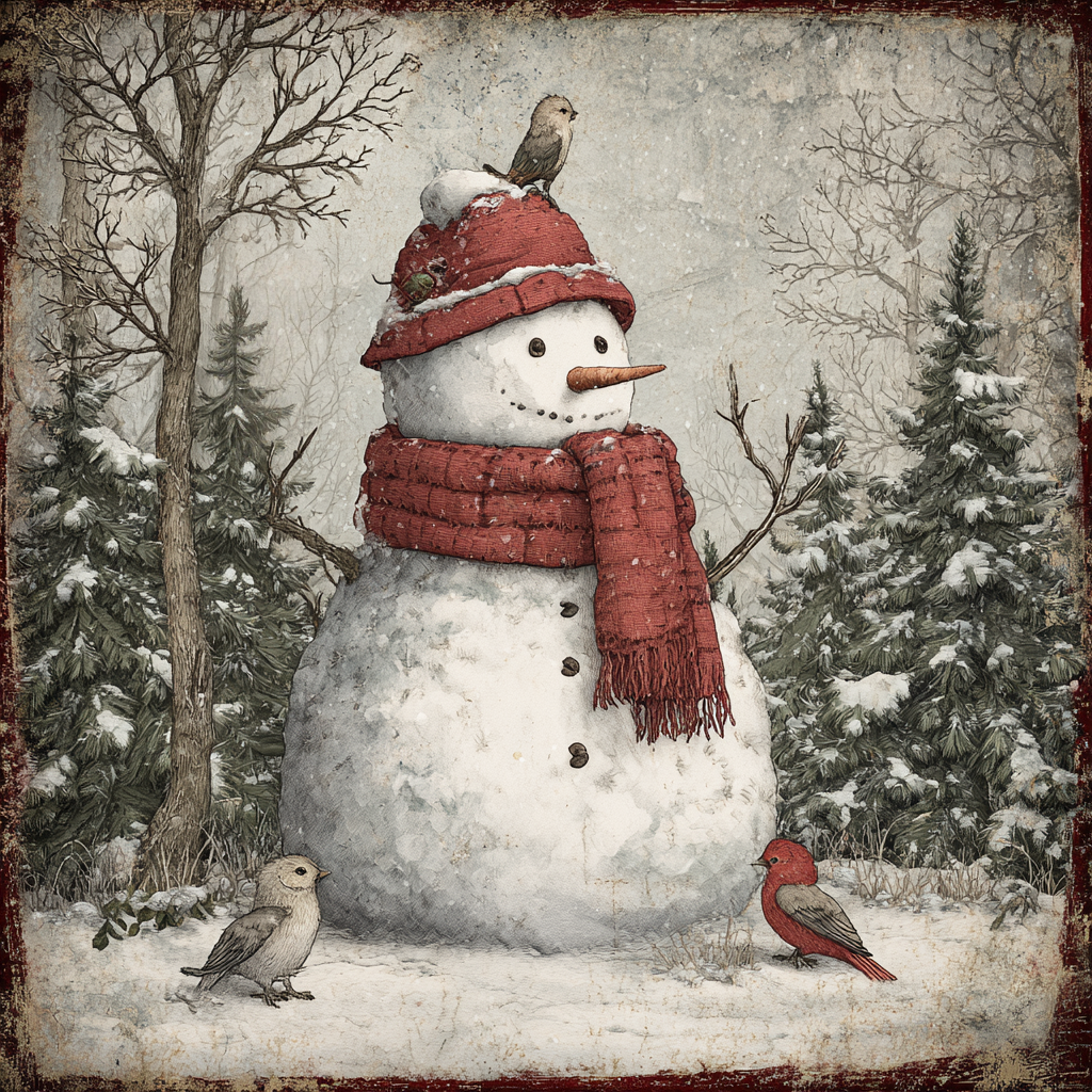Jolly Snowman with friendly Birds