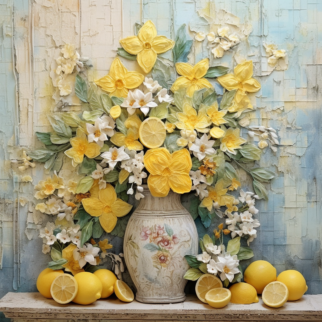 Textured Canvas look Vase with Lemons and Florals