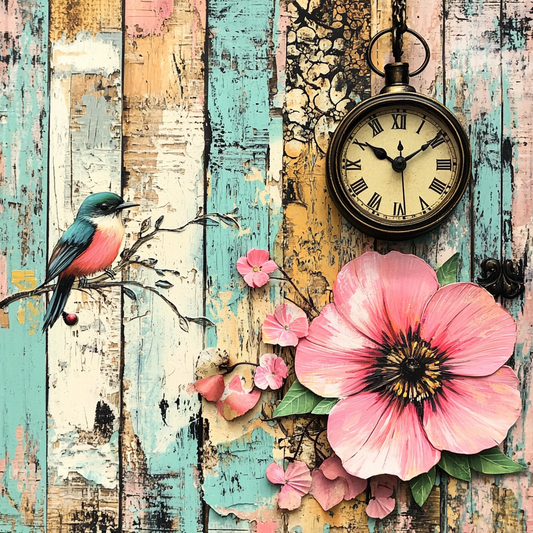 Birds & Garden Flowers Mixed Media Print