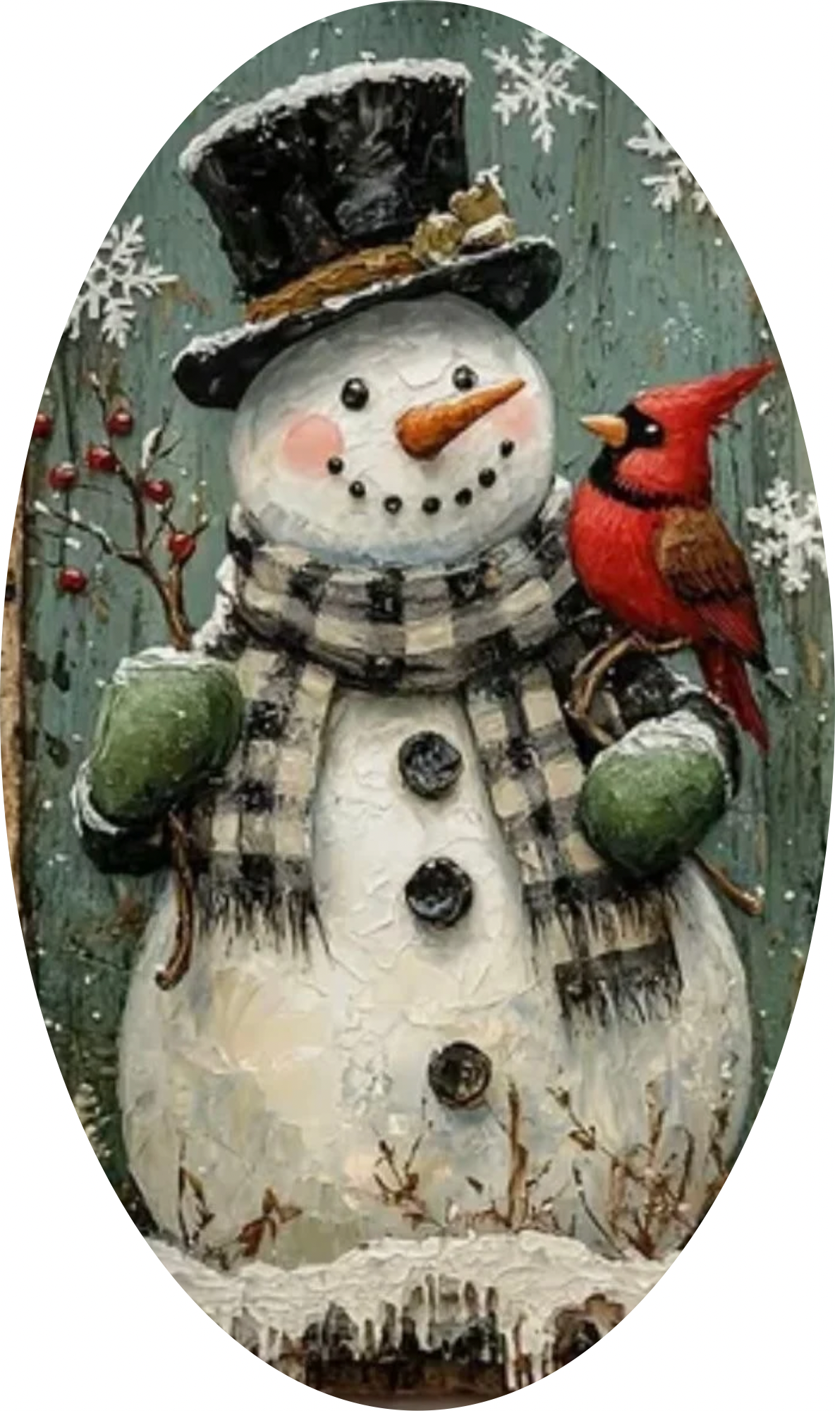 Rustic Mr. Snowman with Cardinal, Oval Sign