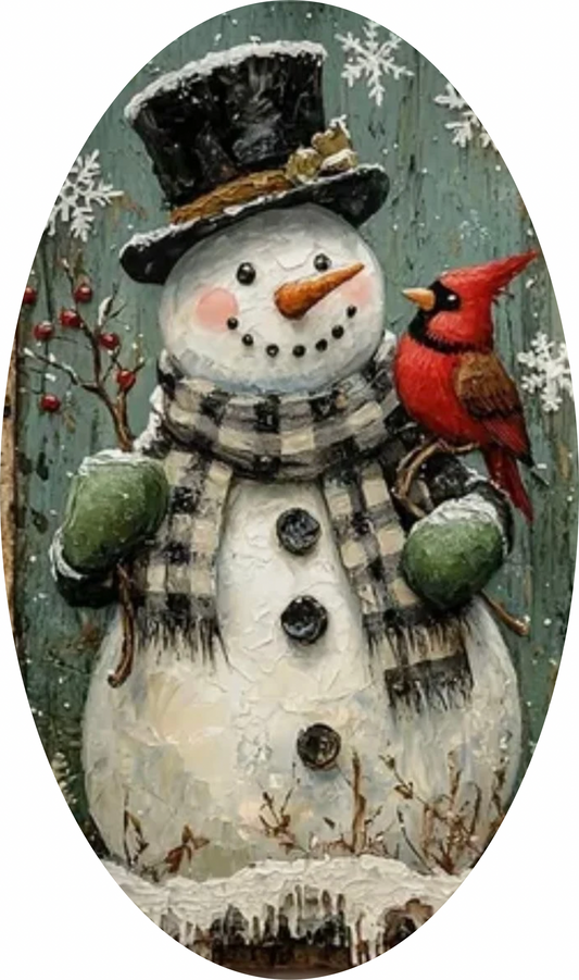 Rustic Mr. Snowman with Cardinal, Oval Sign