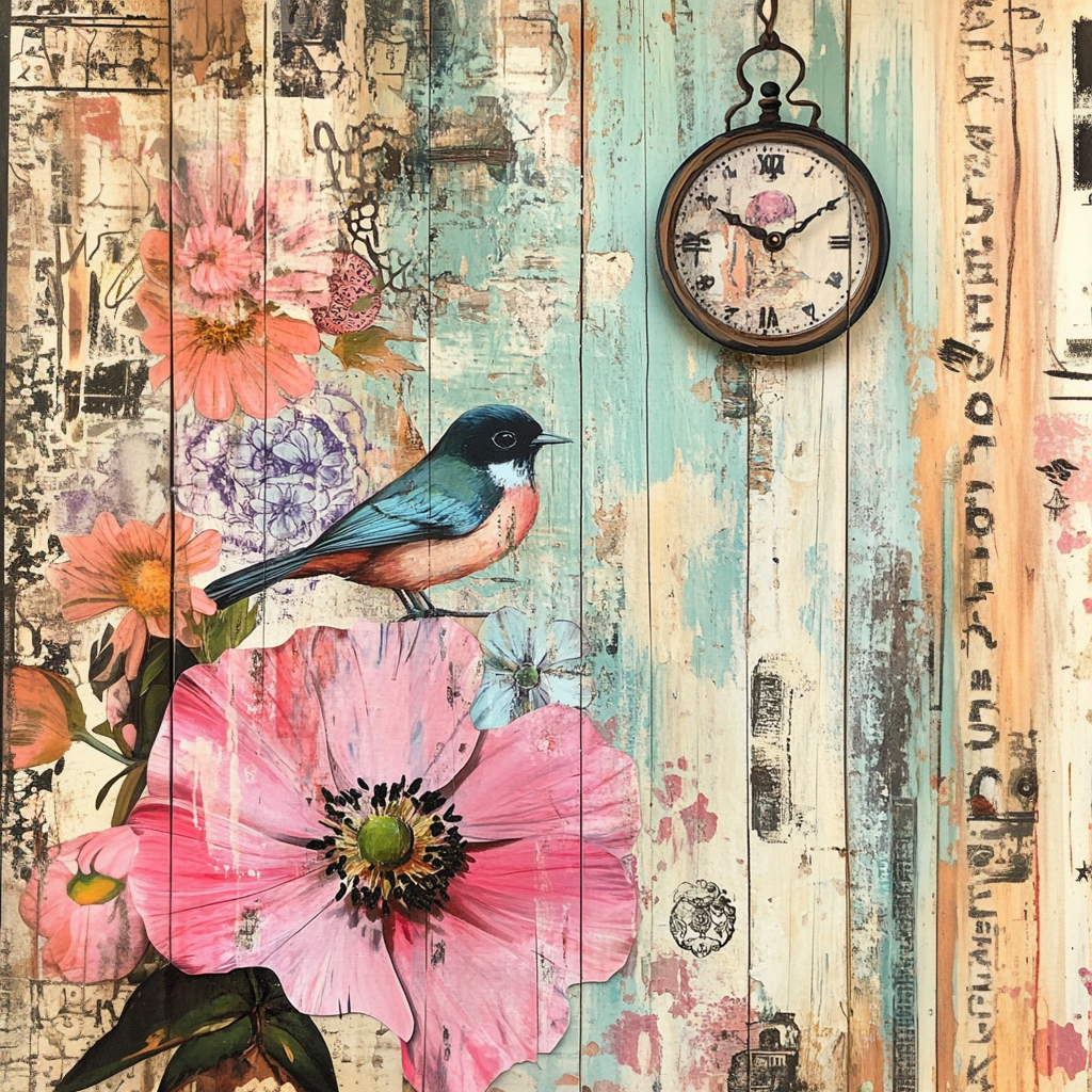 Birds & Garden Flowers Mixed Media Print