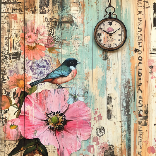 Birds & Garden Flowers Mixed Media Print