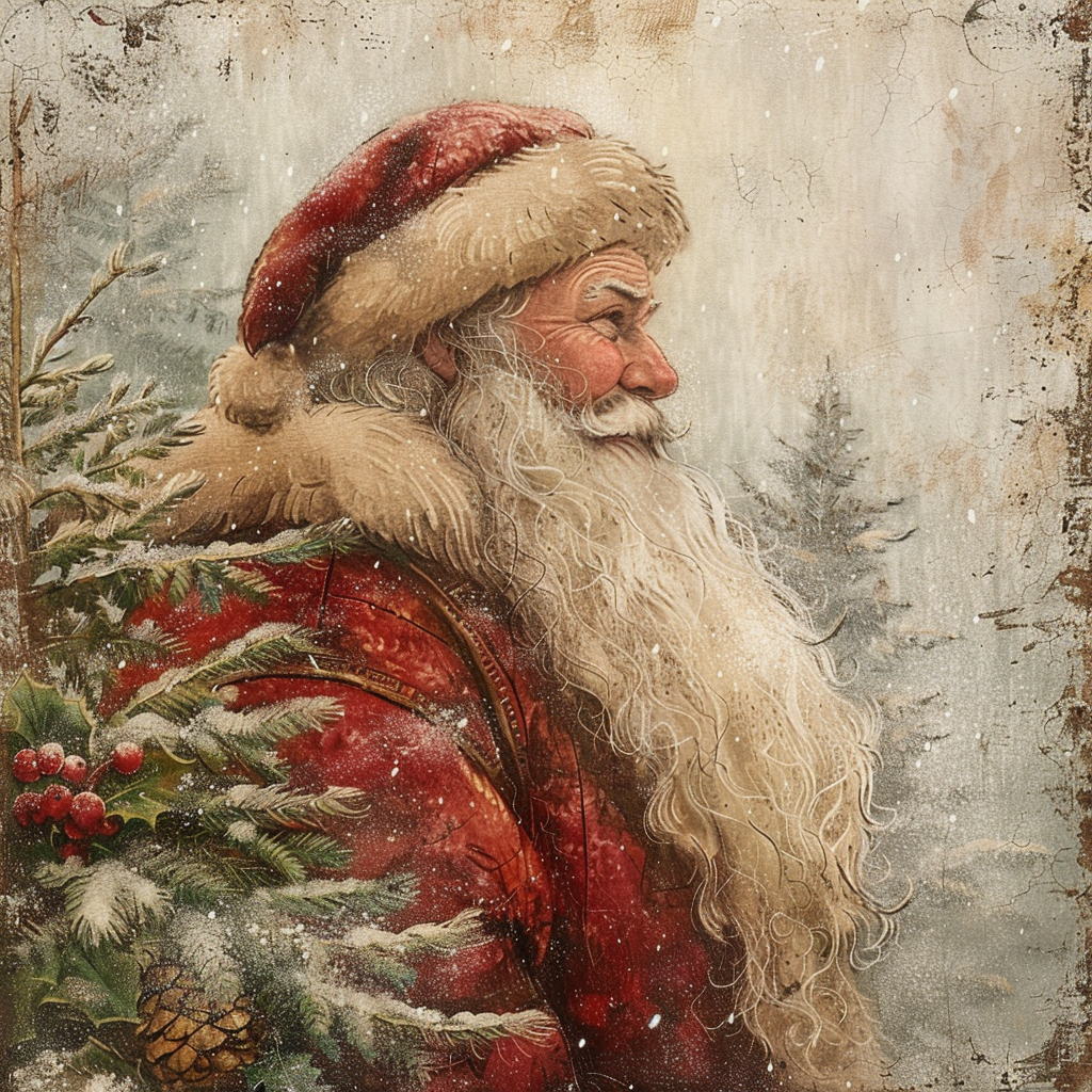 Old World Vintage Santa Claus with Snowy Pine