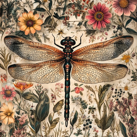 Garden Flowers and Dragonfly Print