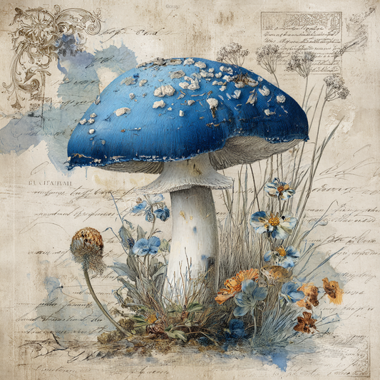 Retro Blue Mushrooms and Wildflowers