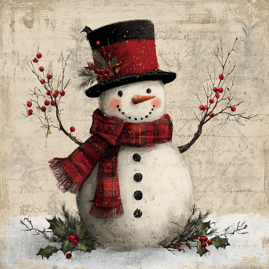 Rustic Snowman with Holly Berries