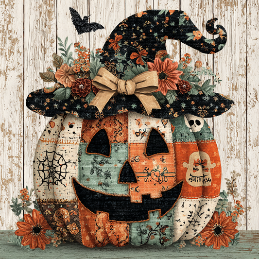 Fall/Halloween patchwork pumpkin and Witches hat