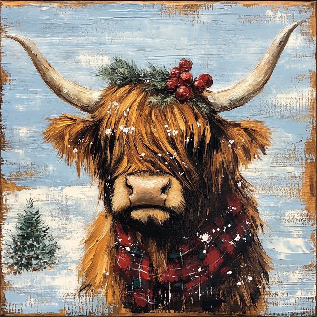 Christmas sign for crafting, Christmas wreath sign, Christmas wall decor, rustic winter scene, highland cow