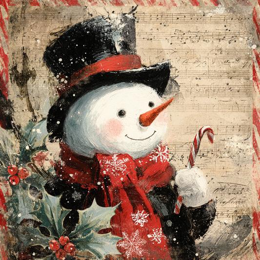 Vintage Snowman with Red Scarf & Snowflakes