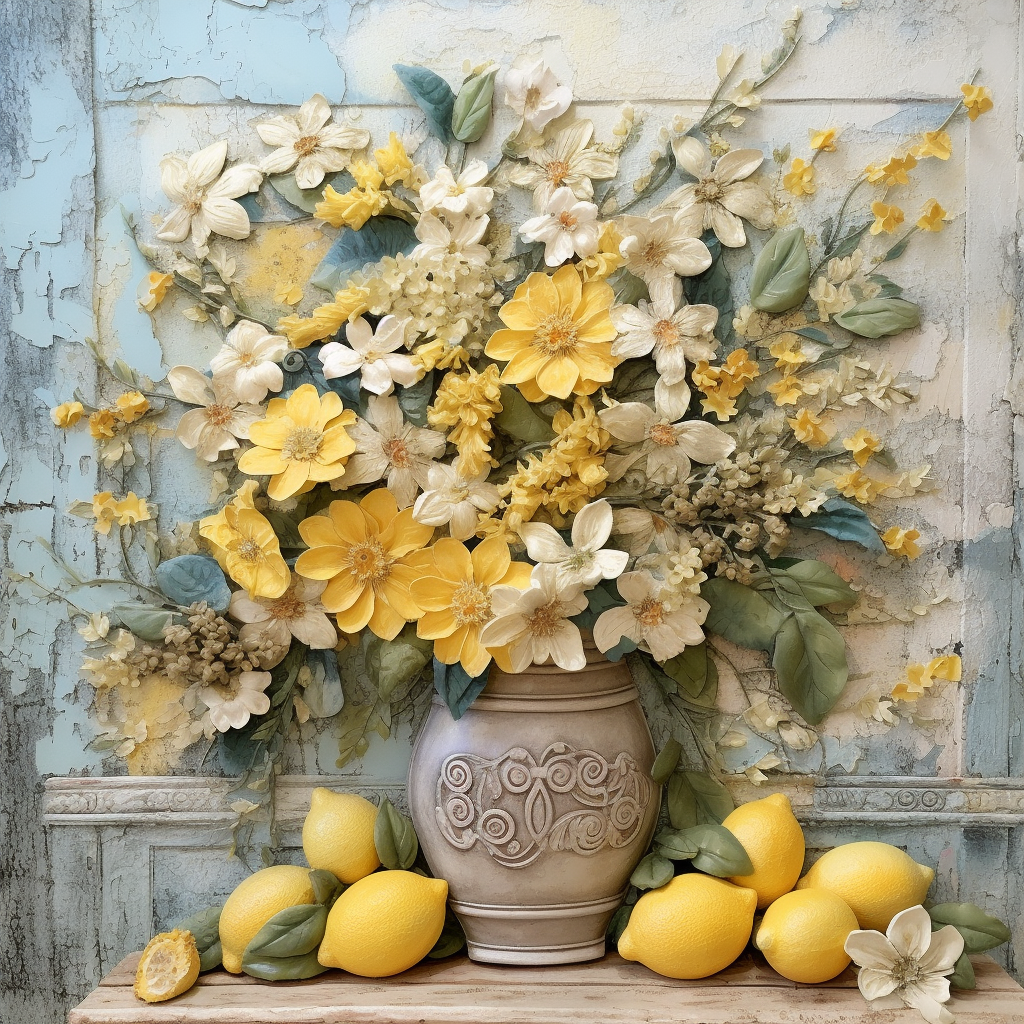 Textured Canvas look Vase with Lemons and Florals