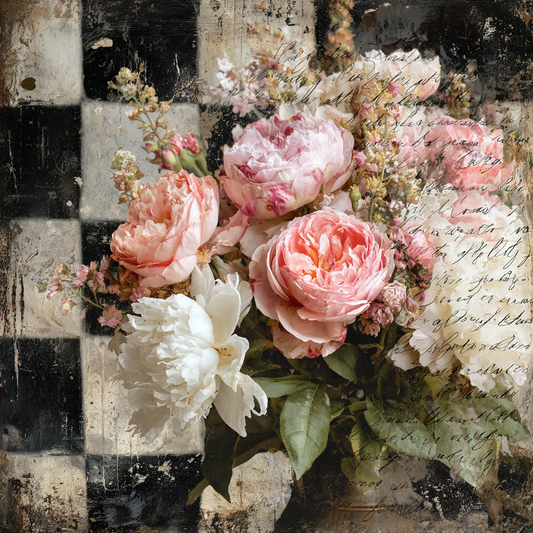 French Country Florals  Mixed Media Print with Script