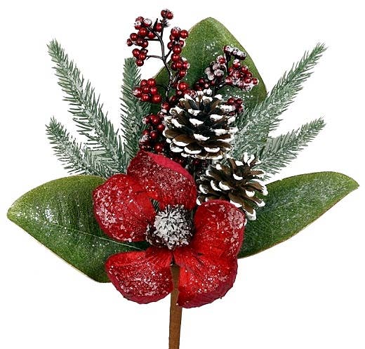ISB60035- 14in Red Magnlia Pick w.snow pinecone-12/96pcs
