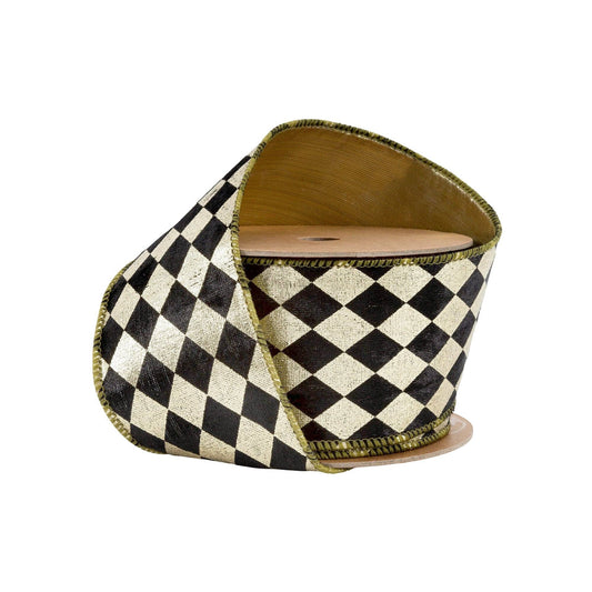 Black and Gold Harlequin Wired Ribbon 10 Yard Spool