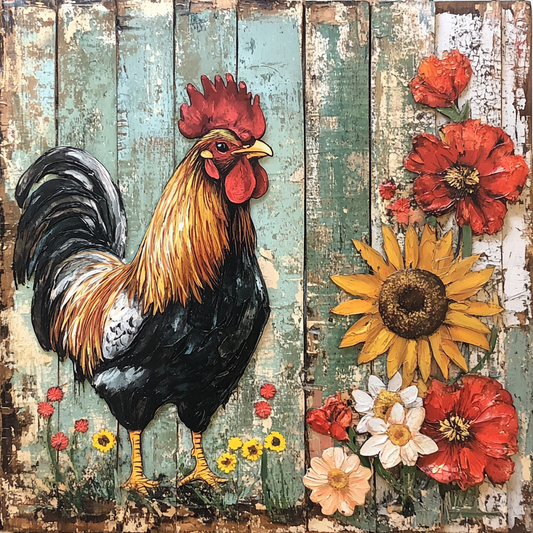 Sunflowers and Poppies Rooster sign, kitchen wall decor, Vintage country feel and bold colors
