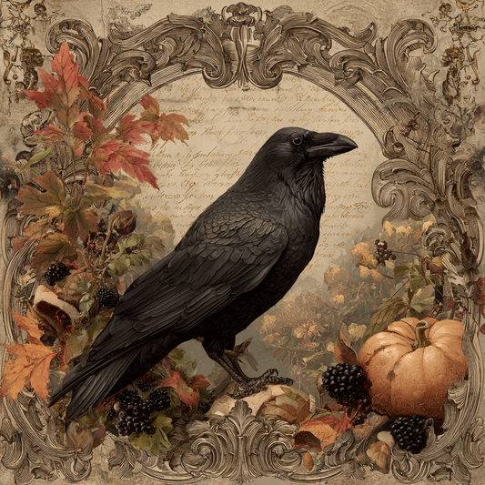 Beautiful Fall scene with Ornate border and Raven surrounded by pumpkins and Fall leaves