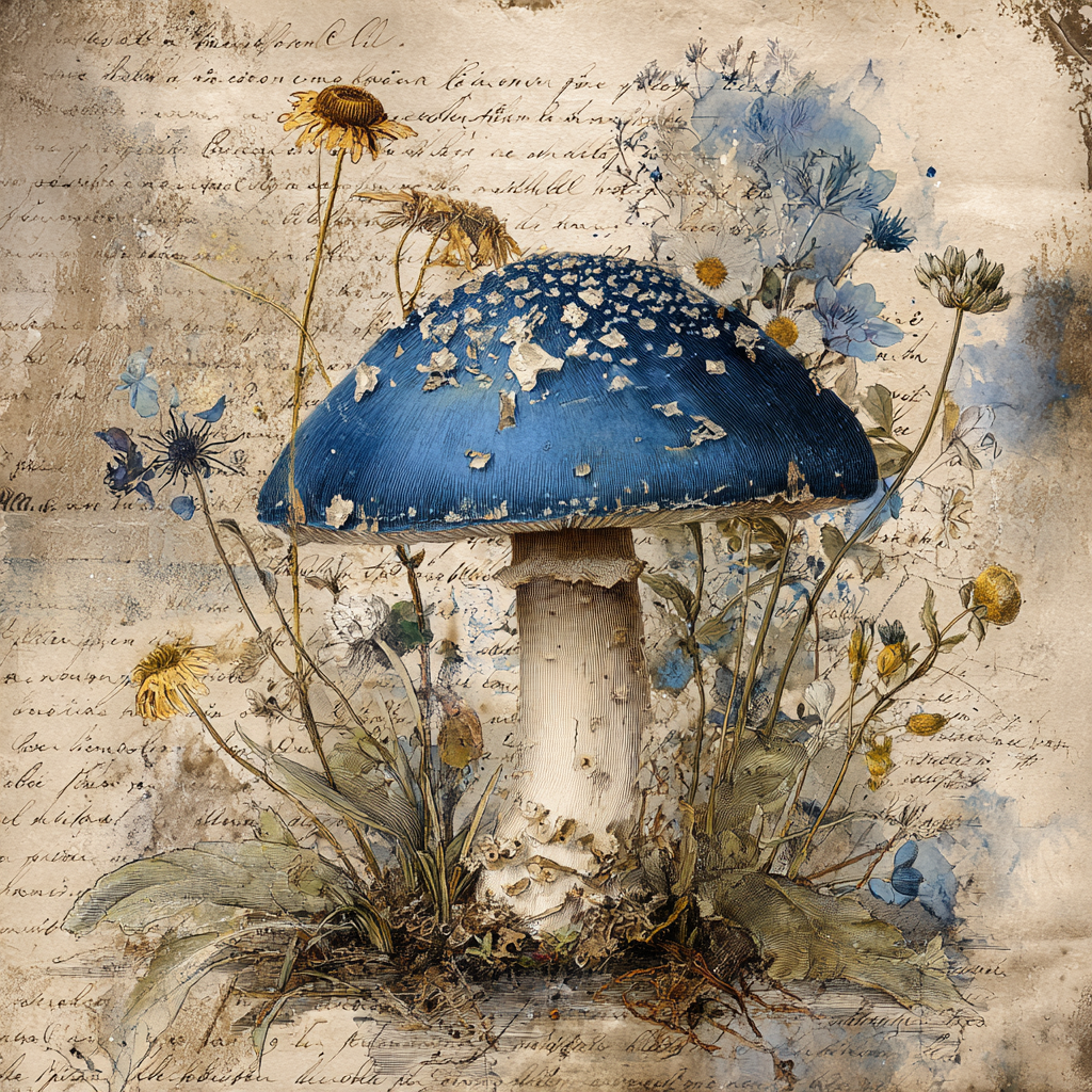 Blue Mushroom and Wildflower Print Sign