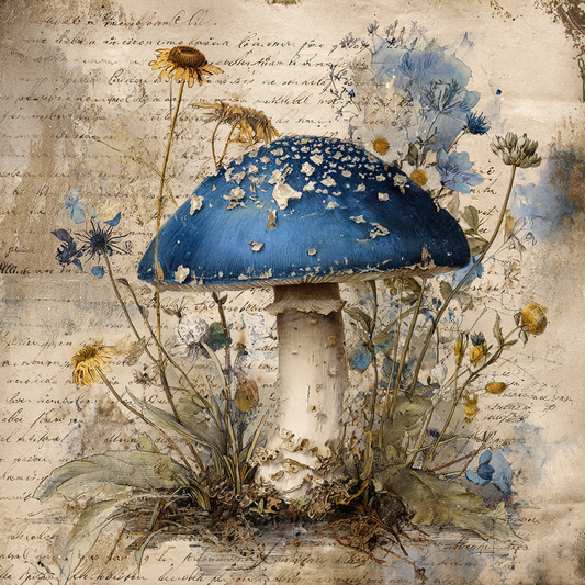 Retro Blue Mushrooms and Wildflowers