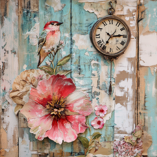 Birds & Garden Flowers Mixed Media Print