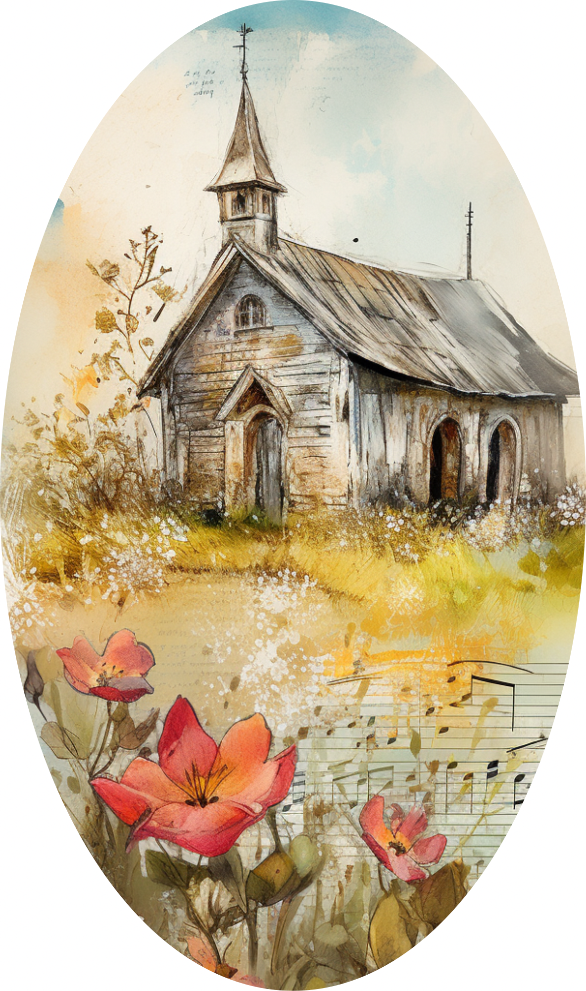 Rustic Country Church in a Meadow, Oval Sign
