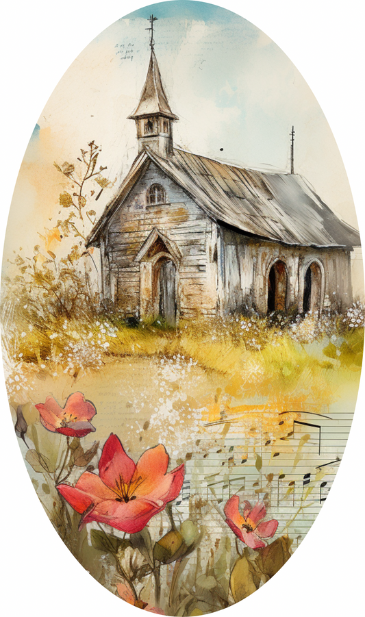 Rustic Country Church in a Meadow, Oval Sign