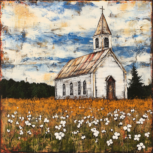 Rustic Country Church in a Field of Cotton