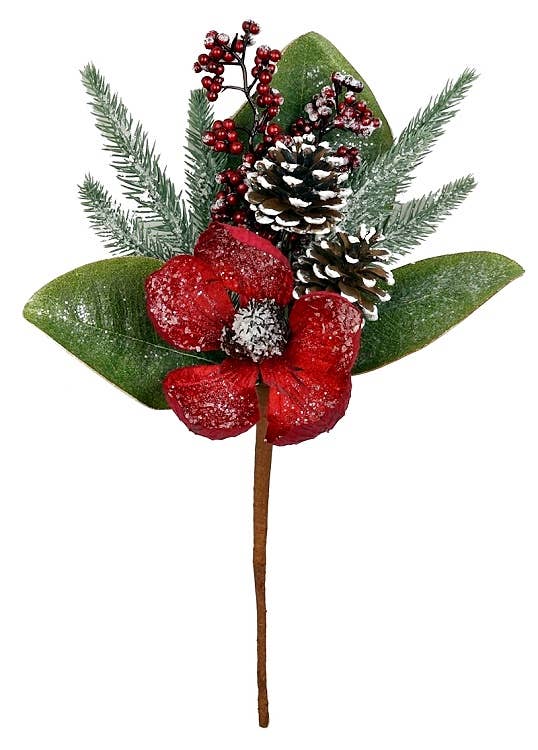 ISB60035- 14in Red Magnlia Pick w.snow pinecone-12/96pcs