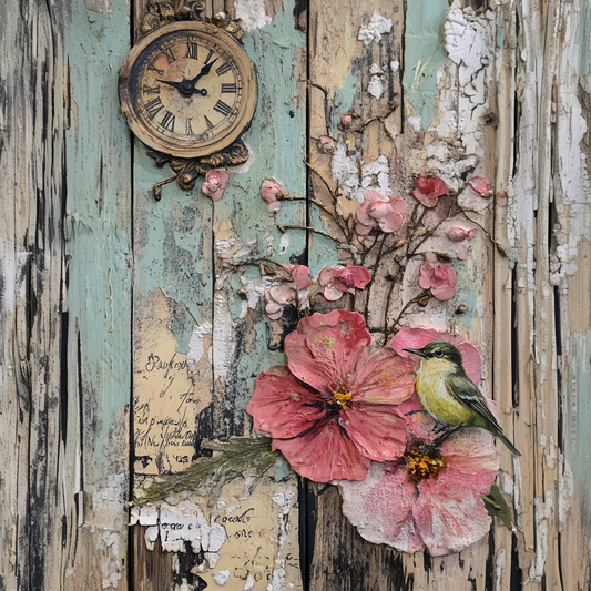 Birds & Garden Flowers Mixed Media Print