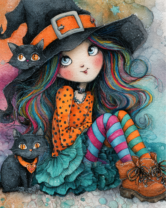 Sweet Whimsical Halloween Witch with her Kitties