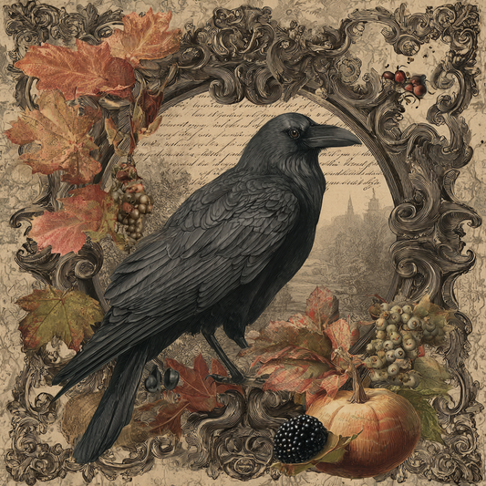 Beautiful Fall scene with Ornate border and Raven surrounded by pumpkins and Fall leaves