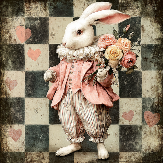 VALENTINE’S Bunny with flowers, harlequin and hearts