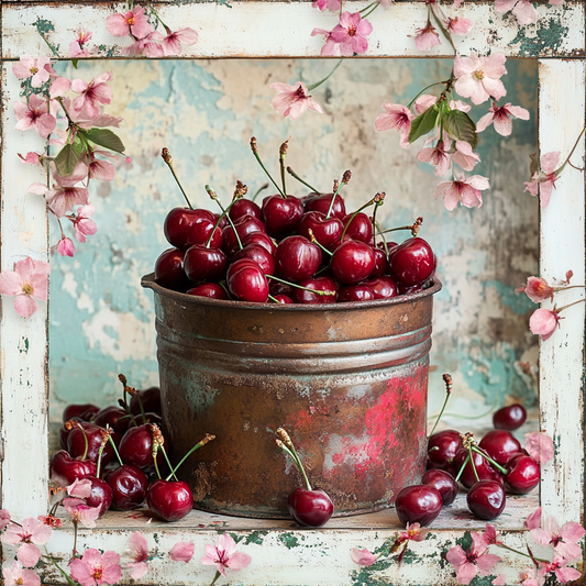 Vintage Bucket of Cherries with Cherry Blossoms Border