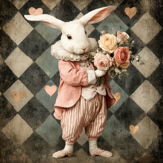 VALENTINE’S Bunny with flowers, harlequin and hearts