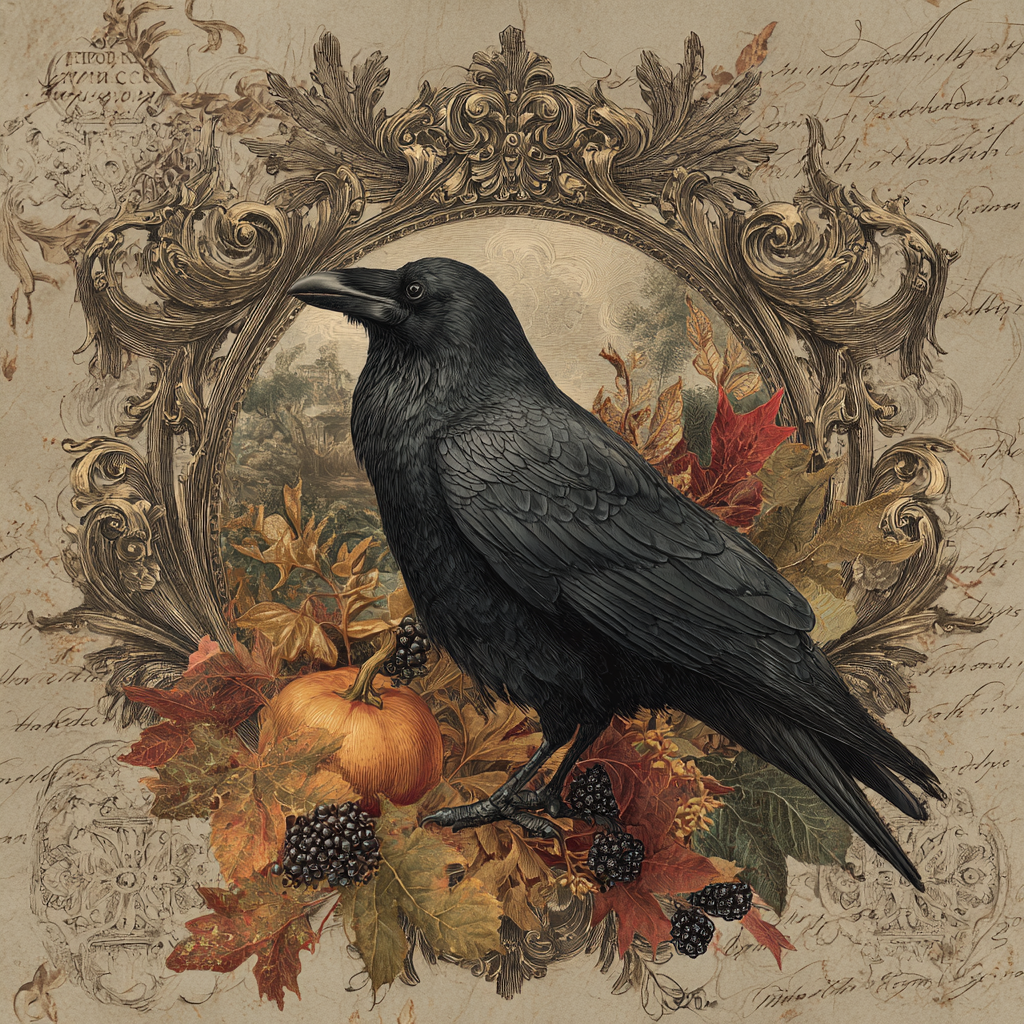Beautiful Fall scene with Ornate border and Raven surrounded by pumpkins and Fall leaves