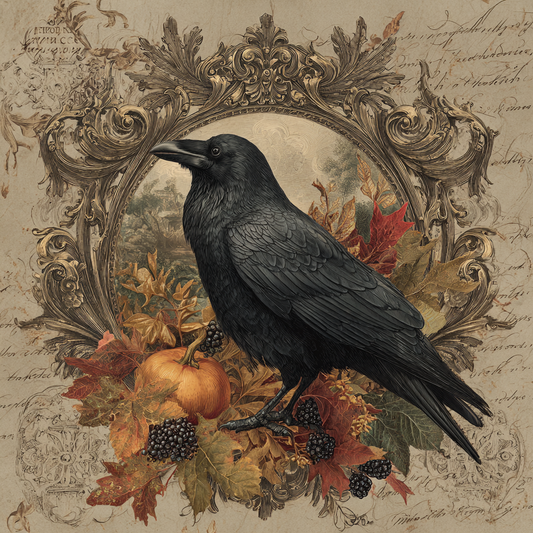 Beautiful Fall scene with Ornate border and Raven surrounded by pumpkins and Fall leaves